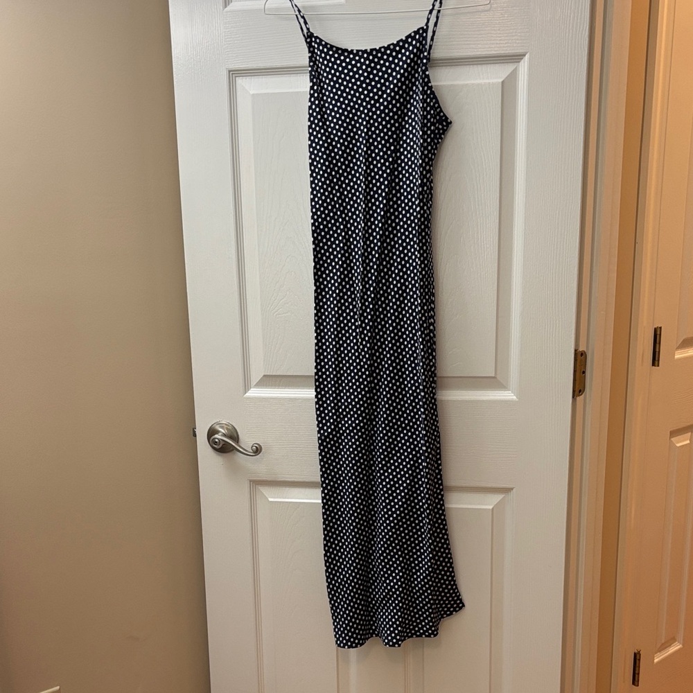 LOFT Navy and White Satin Spotted Maxi Dress - petite XXS